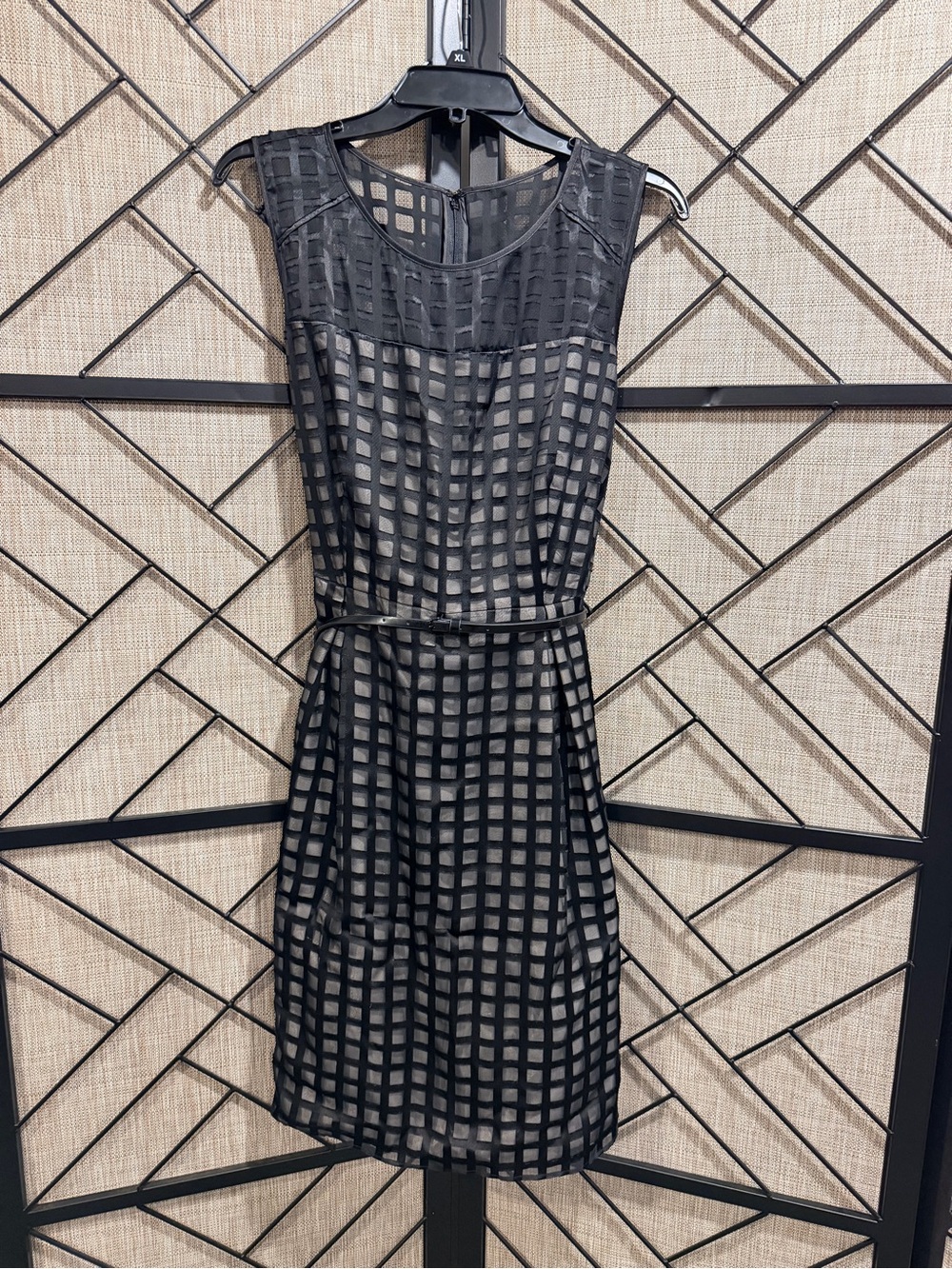 Calvin Klein Black Rayon Grid Sheer-Overlay Midi Dress w/ Belt - Sz 14